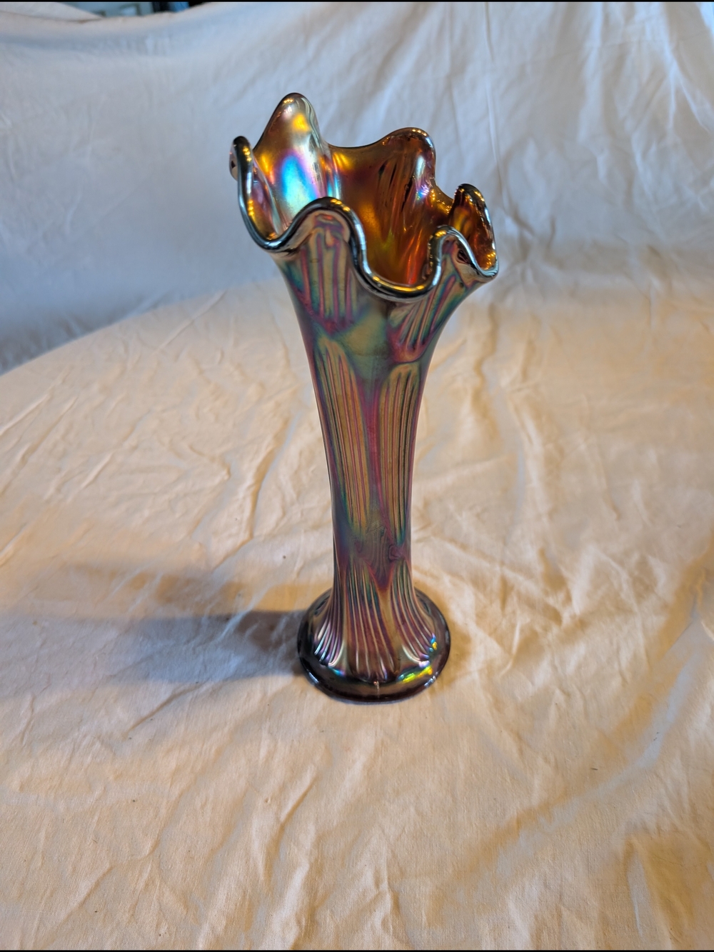 2/120$ Fenton Iridescent Amthhyste Carnival Glass Ruffled Vase